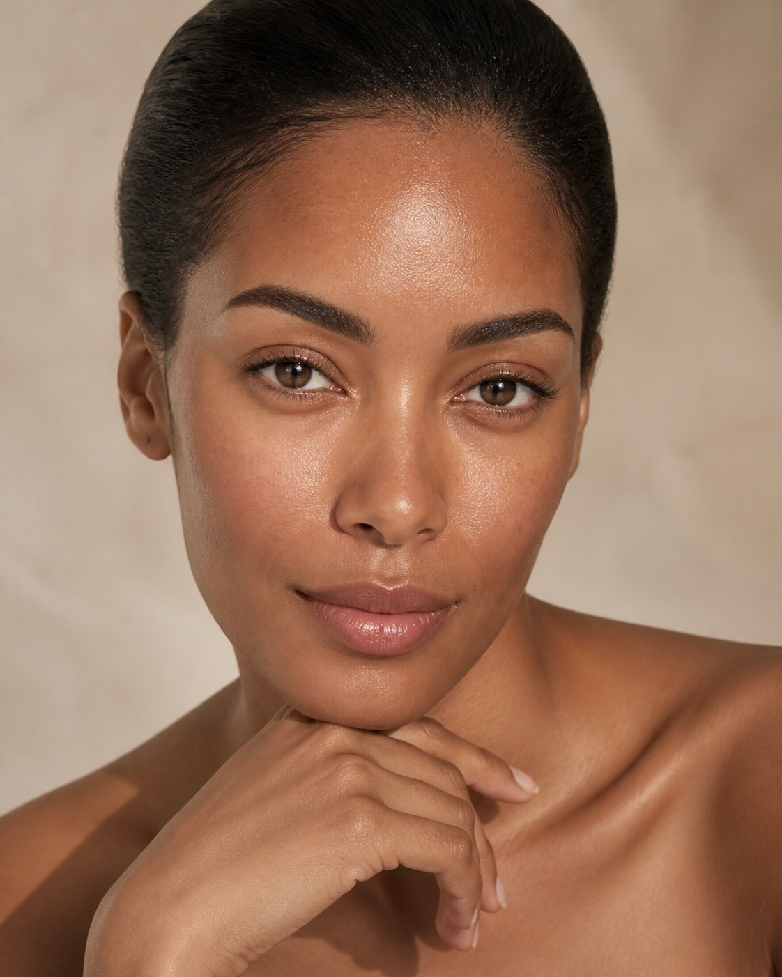 Editorial beauty portrait highlighting naturally full, defined eyebrows